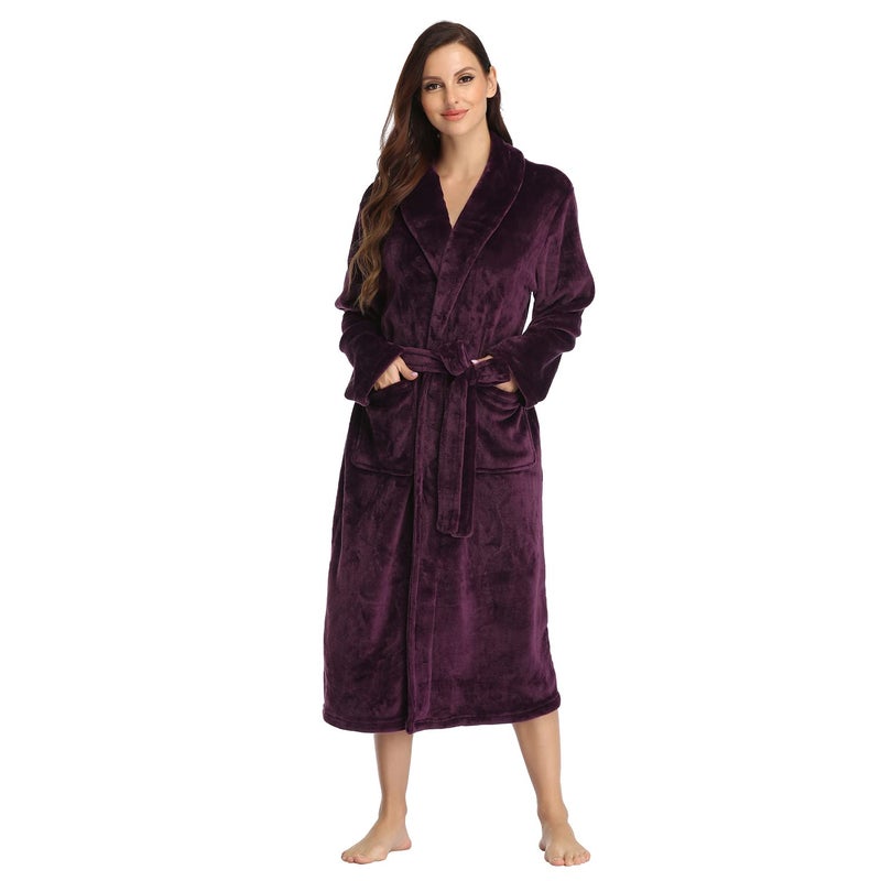 RONGTAI Womens Bathrobe Ladies Fleece Plush Warm Long Robes (Large,Dark Purple) - Image 5